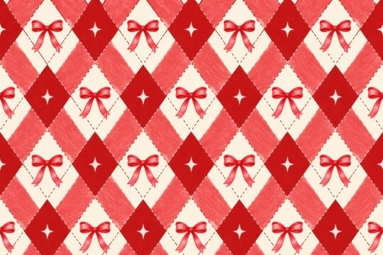 Coquette red argyle seamless pattern with bow, preppy harlequin diamond print for christmas fabric, wrapping paper, stationery, and textile design