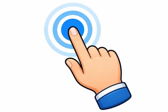 Cartoon hand pointing index finger at concentric target button, touch click icon for user interface, call to action, selection, navigation, and digital interaction isolated on white background