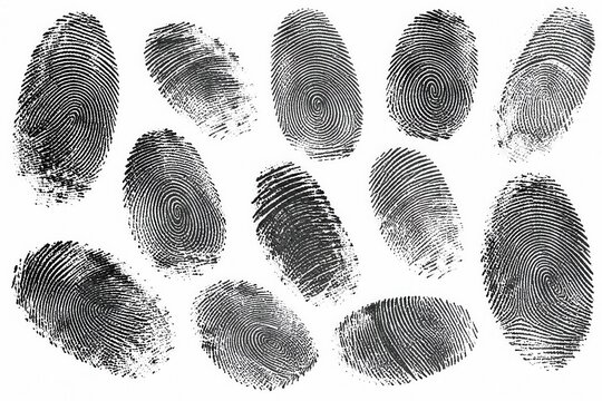 Dark gray fingerprint impressions scattered across isolated background, forensic identification evidence texture collection