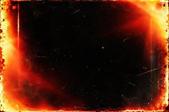 Warm red and yellow film burn light leak overlay with vintage edge texture on dark background for photographers and graphic designers