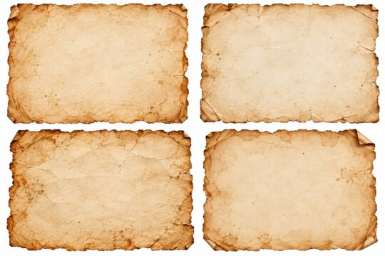 Four vintage parchment sheets with rough edges and antique textures isolated for medieval invitations, historical documents, scrapbook backgrounds