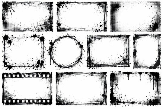Grunge borders and frames set featuring halftone dots, ink splatters, stains, grain, distressed black textures isolated on white background with copy space for graphic designers