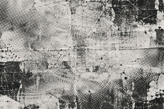 Grunge vintage paper texture with halftone dots and distressed scratches for retro editorial backgrounds, monochrome black white gray surface overlay