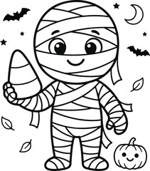 Fototapeta premium Cute cartoon mummy character holding a candy corn for halloween coloring page for kids