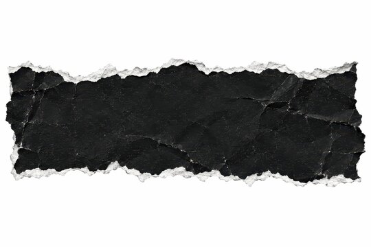 Torn black paper strip with rough white edges, distressed grunge texture, isolated plain background for collage banners and editorial design