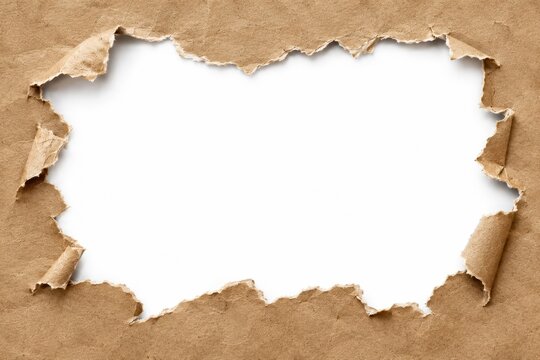 Ripped paper frame with irregular holes and ragged edges revealing clean white background, realistic torn texture for scrapbook collage and craft design