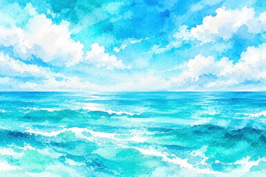 Vibrant turquoise blue and white watercolor texture background with abstract aqua ocean water, clear sky, soft cloud brushstrokes, painted surface for coastal branding designs