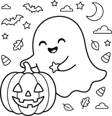 Fototapeta premium Cute ghost holding a star next to a large jackolantern pumpkin, halloween coloring page for kids