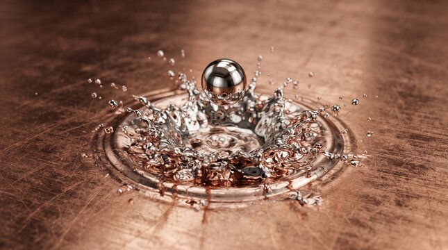 splash impact sphere ball silver chrome reflection bronze brown orange surface texture ripple wave fluid motion high speed photography freeze action dynamic energy force collision