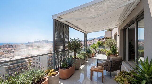 terrace patio deck outdoor porch loggia penthouse condo patio furniture outdoor seating lounge chair coffee table canopy awning sun protection pergola louvers privacy screen