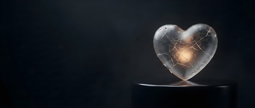 A glowing transparent glass heart with fine cracks placed on a dark surface, symbolizing heartbreak, emotional fragility, healing, and inner pain.