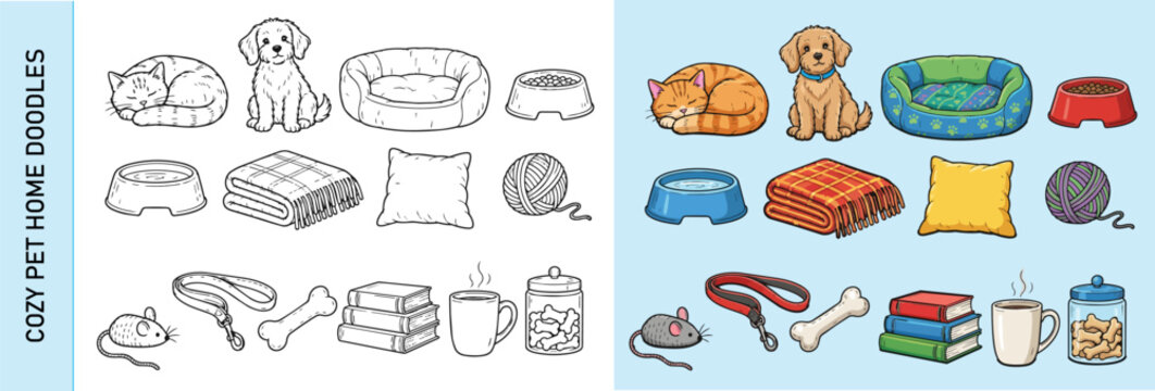 Cozy pet home doodle vector set with cat, dog and pet accessories