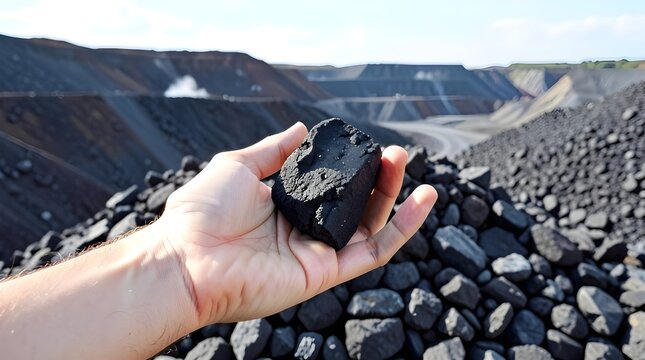 Male Hand Holding Piece of Coal Against Heap of Coal in Open Pit Quarry. Coal Mining Industry, Fossil Fuel, Energy Resource, Mineral Extraction and Industrial Concept