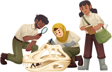 Archaeology Team Examining Dinosaur Fossil Illustration © Hydric