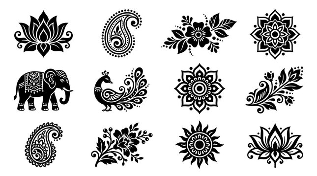 Set of traditional Indian henna tattoo elements including mandala, lotus flower, elephant, peacock, and paisley motifs isolated on white background