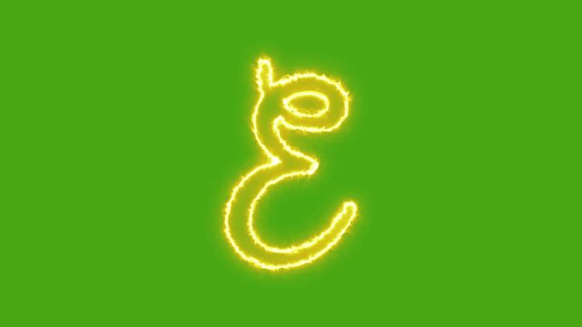 Glowing neon letter e animation with electric energy effect on green screen background, alphabet typography