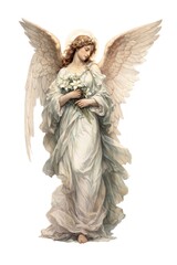 Obraz premium Serene angel holding white flowers.
