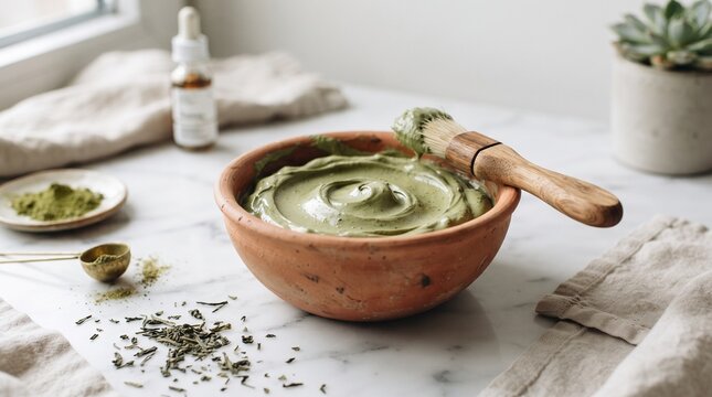 clay paste green skincare facial beauty routine natural organic spa wellness cosmetic treatment herbal botanical mud face care selfcare health hydration rejuvenation ingredient