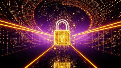 Fototapeta premium Bright digital lock floats within glowing tunnel. Data streams converge, creating futuristic security concept. Vibrant colors dominate scene.