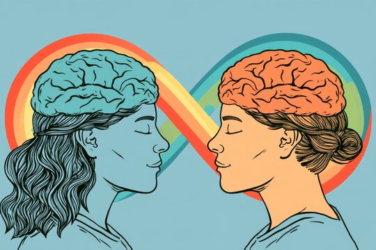 Two Human Profiles with Colorful Brains and a Rainbow Link