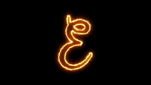 Glowing neon letter e animation with fiery energy effect on black background, alphabet fire