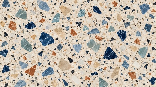 Seamless terrazzo pattern with aggregate chips in blue terracotta and beige tones on a light cream background abstract geometric texture