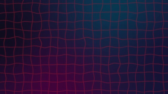 Abstract red grid pattern with moving lines over blurred blue and purple gradient background.