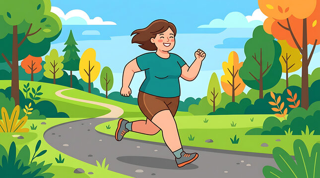 Plus Size Woman Jogging on Path in Autumn Park Vector Illustration