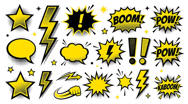 Comic book speech bubbles and sound effects collection vector set featuring lightning bolts stars bursts explosion clouds in yellow and black pop art style