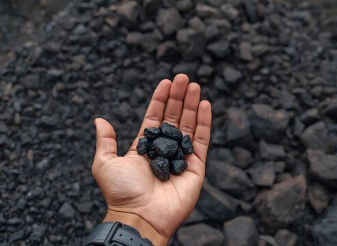 Male Hand Holding Piece of Coal Against Heap of Coal in Open Pit Quarry. Coal Mining Industry, Fossil Fuel, Energy Resource, Mineral Extraction and Industrial Concept