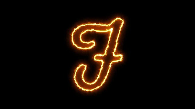 Burning letter j animation, glowing fire alphabet character, hot flame typography effect on black background