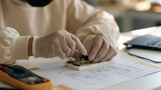 Close up of a student's gloved hands carefully placing a small circuit board component onto a breadboard during an electronics unit in a technology integrated science class,