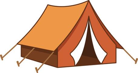 Illustration of an orange camping tent with ropes and open flap © Rajib