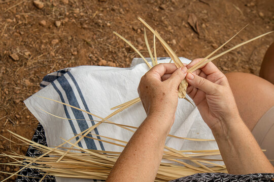 Artisan hands weave esparto grass strips using traditional techniques in Spain