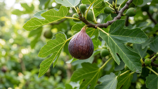 Ripe purple fig fruit hanging on a green leafy branch