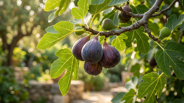 Ripe purple figs hanging from branch in sunny orchard