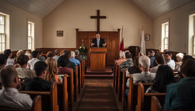 Rear view of a congregation sitting in wooden pews inside a church during a worship service