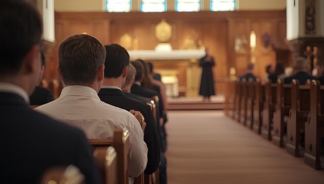 Congregation sitting in pews listening to a service inside a traditional church building