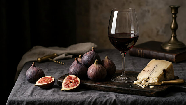 Elegant rustic still life with red wine figs and cheese