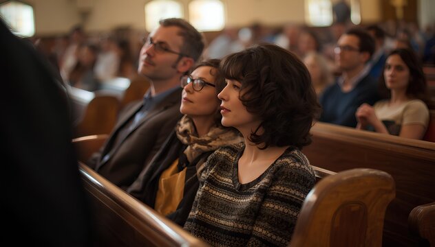 Diverse congregation members seated attentively in wooden pews inside a brightly lit church during service