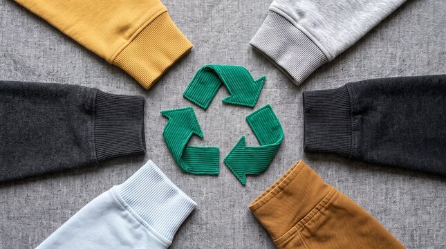 A green recycling symbol is surrounded by the cuffed sleeves of several colorful hoodies arranged in a circle on a textured surface arrows clothing apparel fashion fabric textile sweatshirt