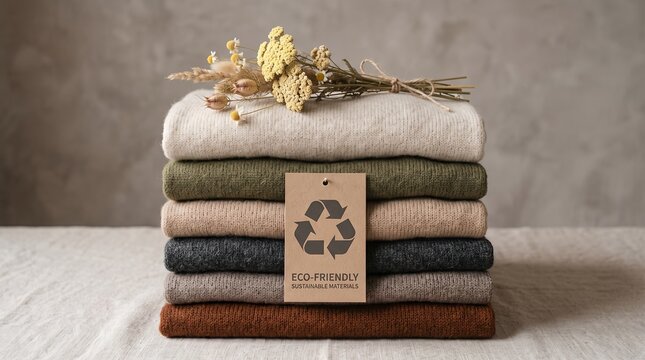 Stacked knit sweaters in neutral and earth tones are adorned with dried flowers featuring a tag promoting eco friendly sustainable materials knitwear textile fabric clothing fashion recycle
