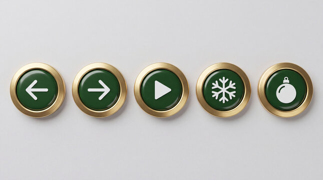 Set of round dark green buttons in golden metal frames with navigation arrows play snowflake and Christmas bauble icons on light background