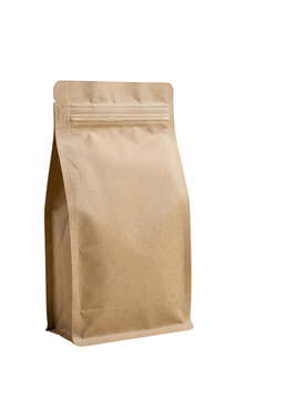 Brown paper coffee bag standing upright
