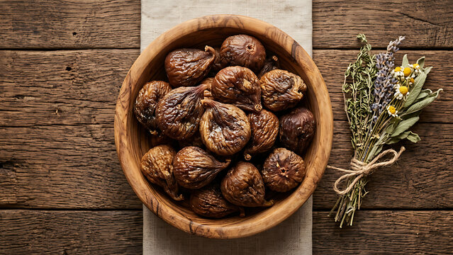 Dried organic figs in rustic wooden bowl with wild herbs