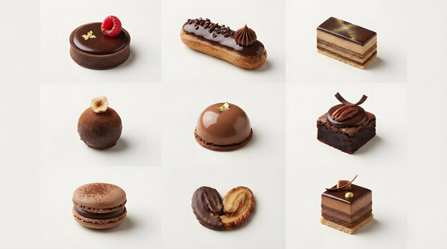 Assorted French chocolate pastries and desserts including eclair macaron and opera cake arranged in a grid pattern on a clean white background for bakery menu