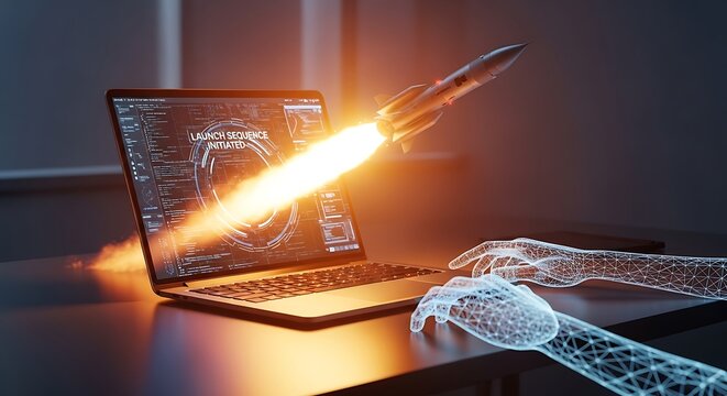A rocket launching from a laptop screen, hands in digital wireframe, a concept of technology