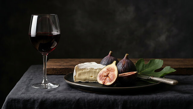 Elegant still life with red wine, brie cheese and fresh figs