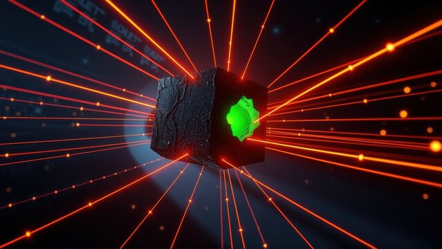 Dark cube glows green. Red lines radiate outward, creating dynamic visual effect. Background features subtle blue text, particles.