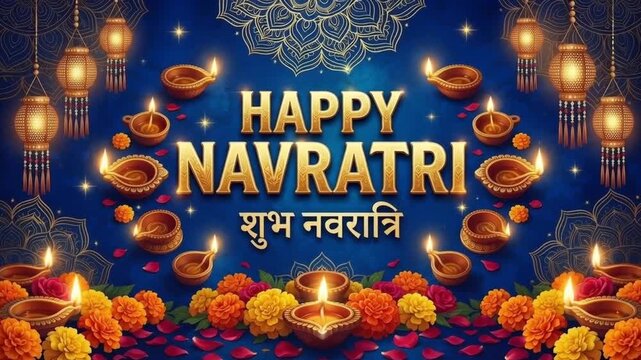 Happy navratri gold greeting card with traditional oil lamps and flowers on a dark purple background
